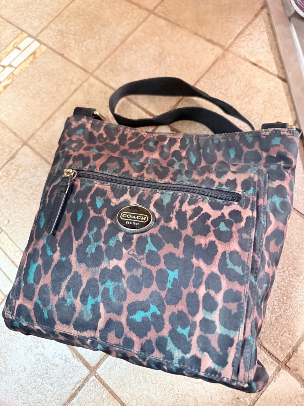 COACH Leopard-Print Crossbody Bag in Brown and Teal